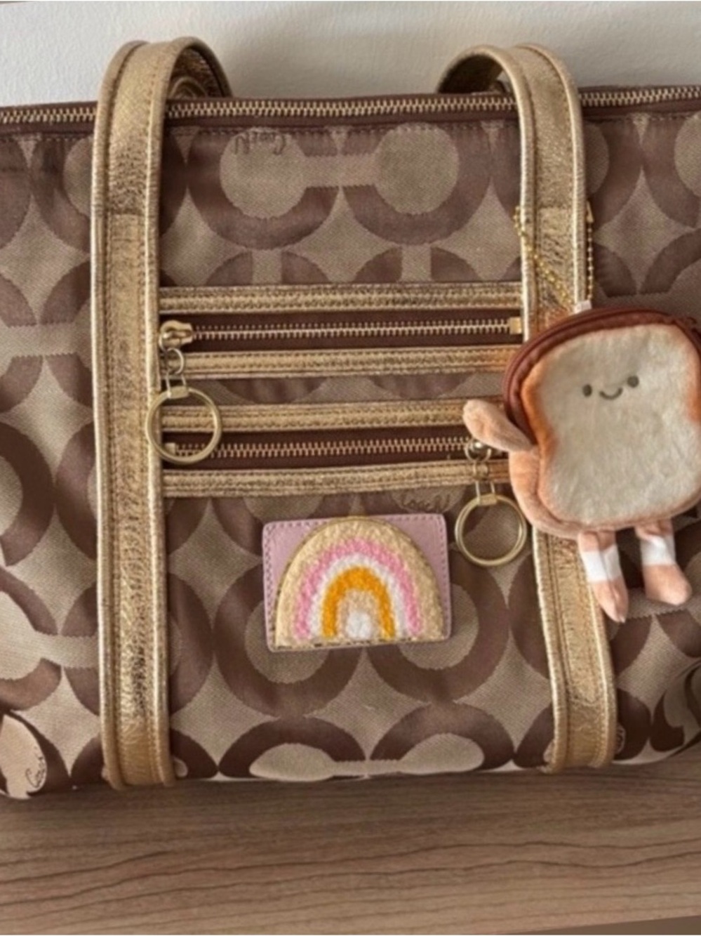 Coach Poppy Op Art Tote Bag- Metallic Gold Straps & Rainbow Patch